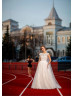 Boat Neck Ivory Lace Tulle Keyhole Back Outdoor Wedding Dress